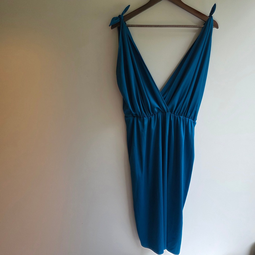 Vintage 60s 70s Union Godess Blue Dress Plunging V-Neck Tie Hostest Lounge